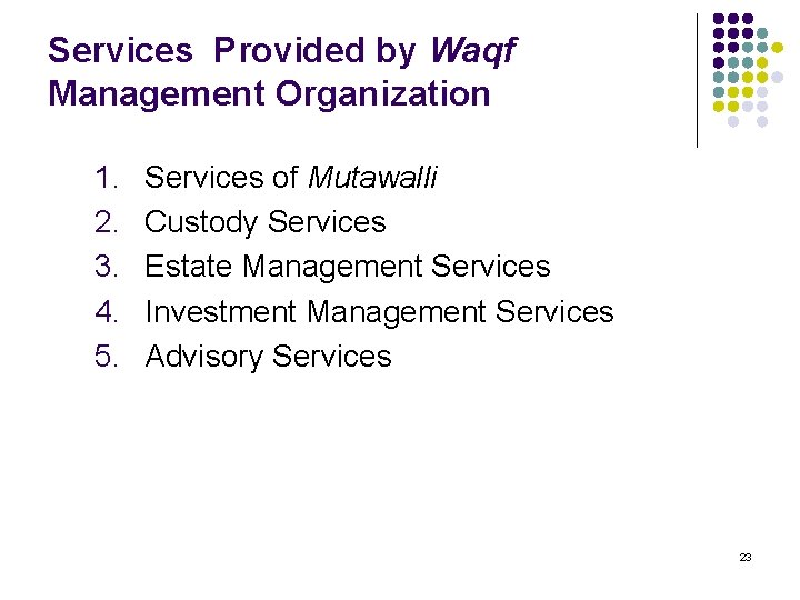 Services Provided by Waqf Management Organization 1. 2. 3. 4. 5. Services of Mutawalli