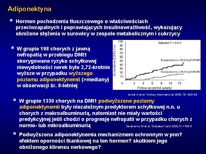 Adiponektyna § Hormon pochodzenia tłuszczowego o właściwościach przeciwzapalnych i poprawiających insulinowrażliwość, wykazujący obniżone stężenia