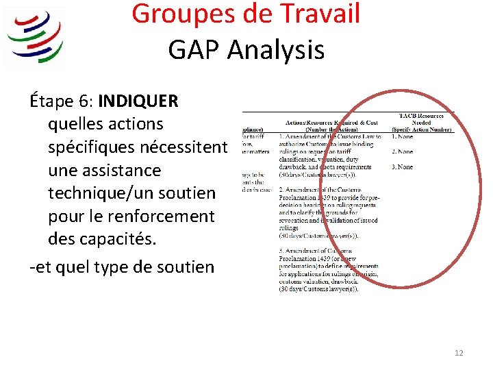 Groupes de Travail GAP Analysis Étape 6: INDIQUER quelles actions spécifiques nécessitent une assistance