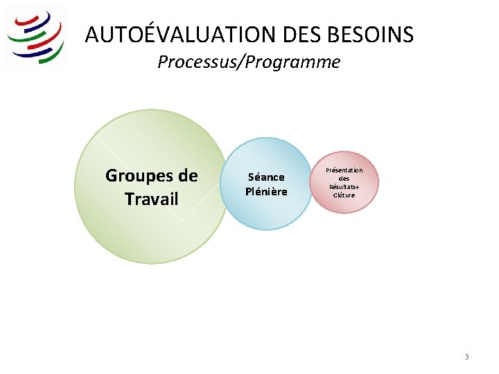 AUTOÉVALUATION DES BESOINS Processus/Programme Groupes de Travail Séance Plénière Présentation des Résultats+ Clôture 3
