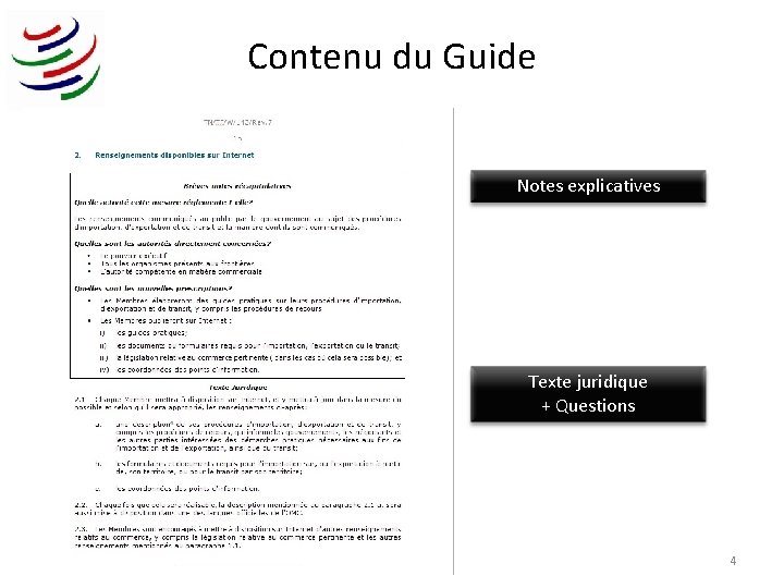 Contenu du Guide Notes explicatives Texte juridique + Questions 4 