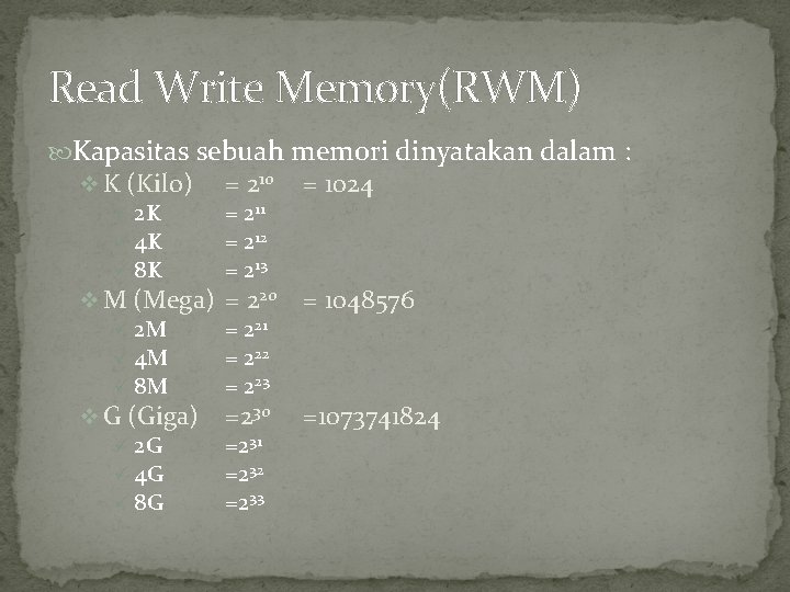 Read Write Memory(RWM) Kapasitas sebuah memori dinyatakan dalam : v K (Kilo) ü 2