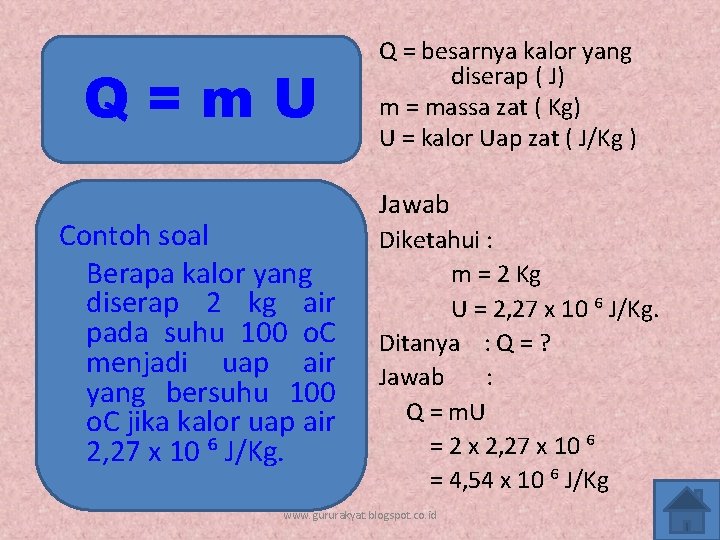 Q=m. U Contoh soal Berapa kalor yang diserap 2 kg air pada suhu 100