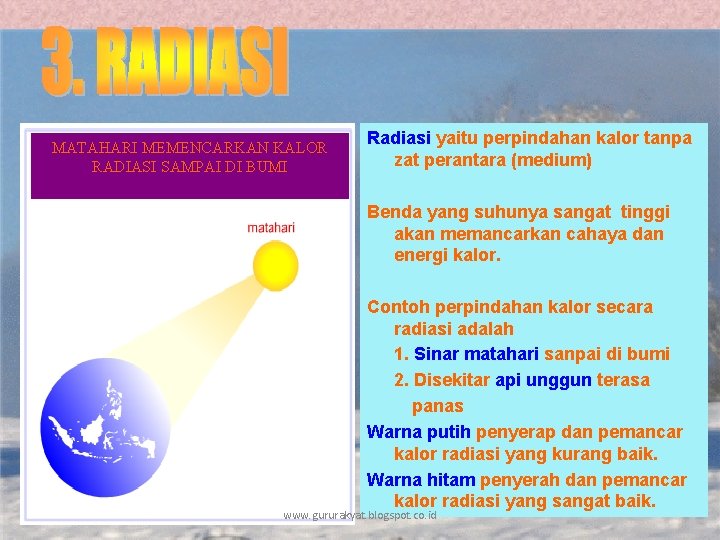 MATAHARI MEMENCARKAN KALOR RADIASI SAMPAI DI BUMI Radiasi yaitu perpindahan kalor tanpa zat perantara