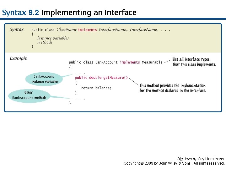 Syntax 9. 2 Implementing an Interface Big Java by Cay Horstmann Copyright © 2009