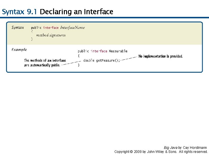 Syntax 9. 1 Declaring an Interface Big Java by Cay Horstmann Copyright © 2009