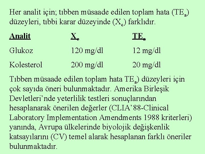 Her analit için; tıbben müsaade edilen toplam hata (TEa) düzeyleri, tıbbi karar düzeyinde (Xc)