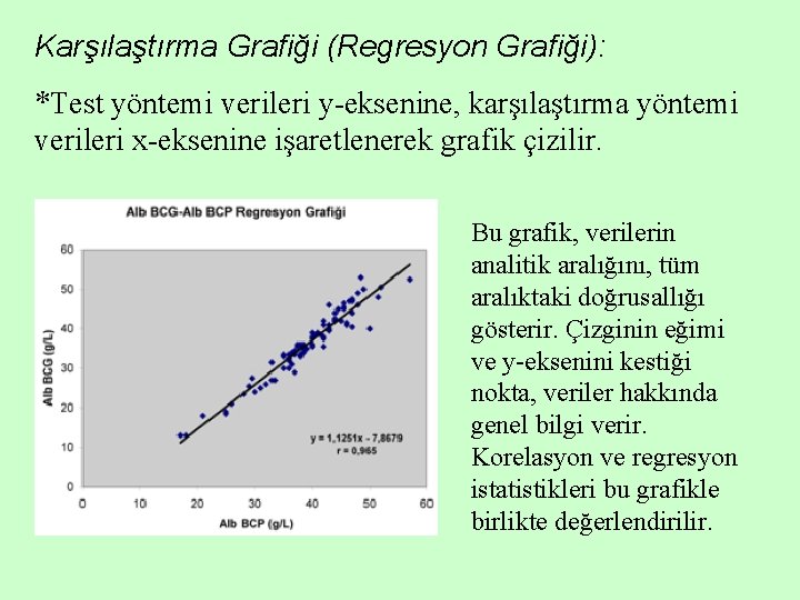 Karşılaştırma Grafiği (Regresyon Grafiği): *Test yöntemi verileri y-eksenine, karşılaştırma yöntemi verileri x-eksenine işaretlenerek grafik