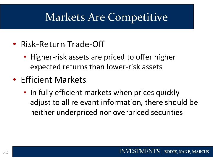 Markets Are Competitive • Risk-Return Trade-Off • Higher-risk assets are priced to offer higher