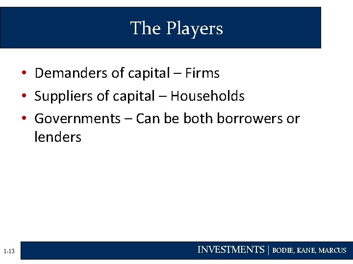 The Players • Demanders of capital – Firms • Suppliers of capital – Households