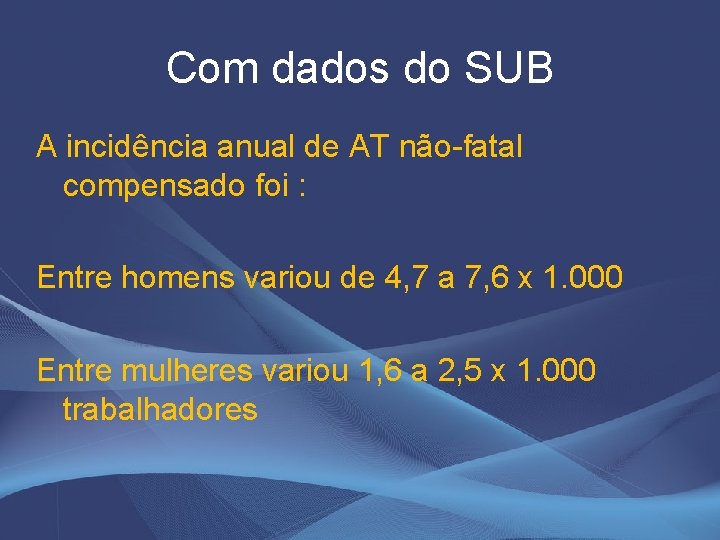 Com dados do SUB A incidência anual de AT não-fatal compensado foi : Entre