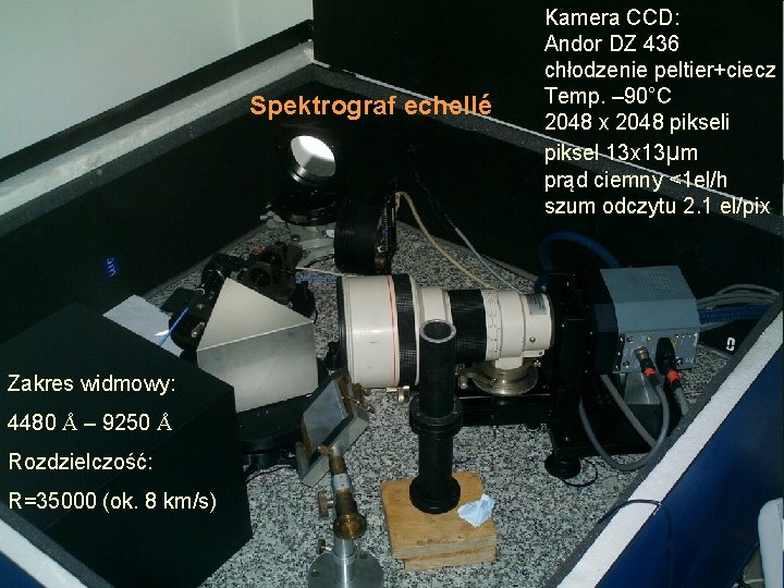 Spektrograf echellé Zakres widmowy: 4480 Å – 9250 Å Rozdzielczość: R=35000 (ok. 8 km/s)