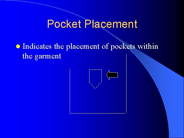 Pocket Placement l Indicates the placement of pockets within the garment Pocket Placement l Indicates the placement of pockets within the garment