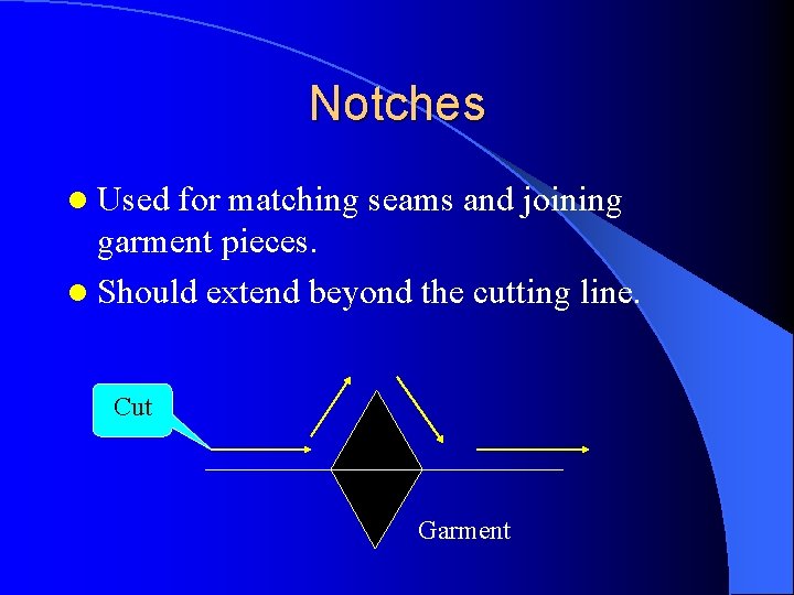Notches l Used for matching seams and joining garment pieces. l Should extend beyond Notches l Used for matching seams and joining garment pieces. l Should extend beyond