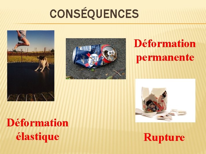 CONSÉQUENCES Déformation permanente Déformation élastique Rupture 