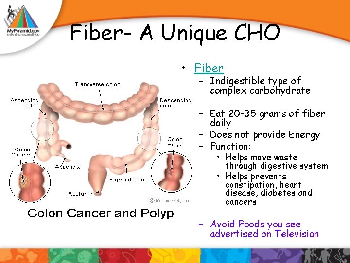 Fiber- A Unique CHO • Fiber – Indigestible type of complex carbohydrate – Eat