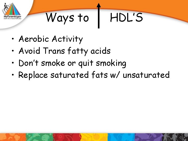 Ways to • • HDL’S Aerobic Activity Avoid Trans fatty acids Don’t smoke or