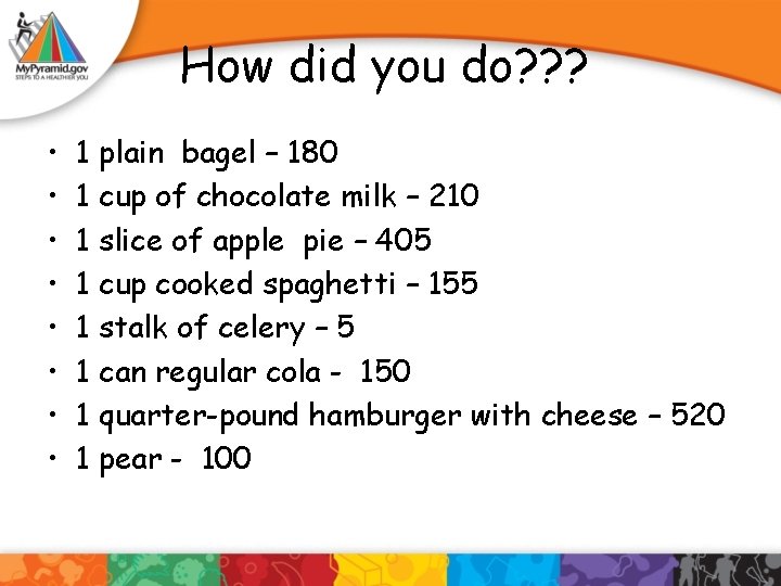 How did you do? ? ? • • 1 plain bagel – 180 1