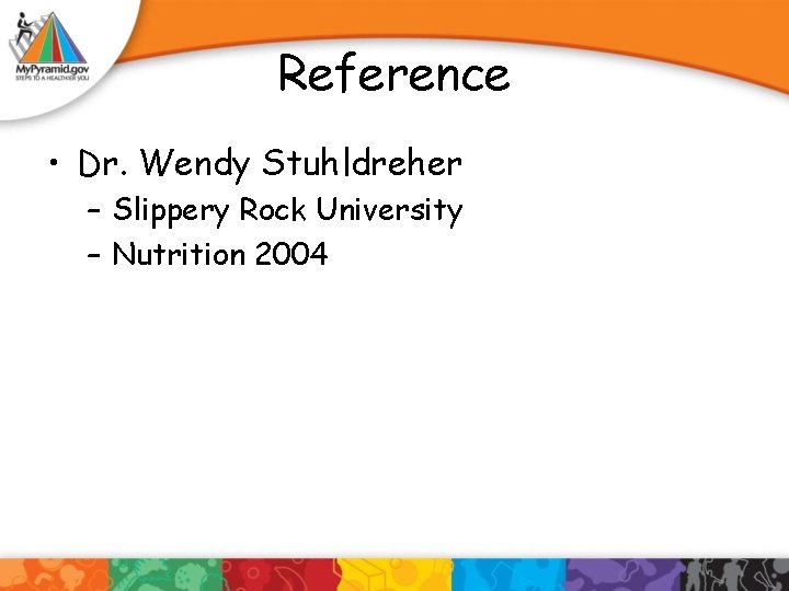 Reference • Dr. Wendy Stuhldreher – Slippery Rock University – Nutrition 2004 