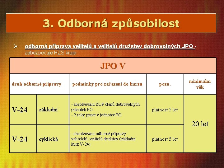 3. Odborná způsobilost Ø odborná příprava velitelů družstev dobrovolných JPO zabezpečuje HZS kraje JPO