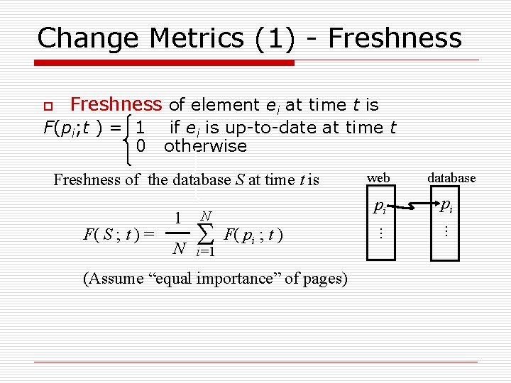 Change Metrics (1) - Freshness of element ei at time t is if ei