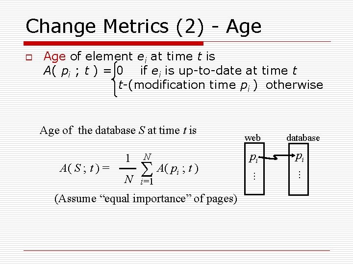 Change Metrics (2) - Age of element ei at time t is A( pi