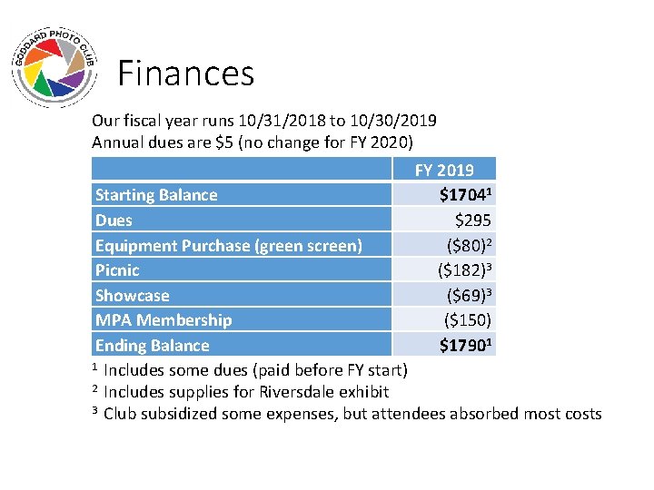 Finances Our fiscal year runs 10/31/2018 to 10/30/2019 Annual dues are $5 (no change