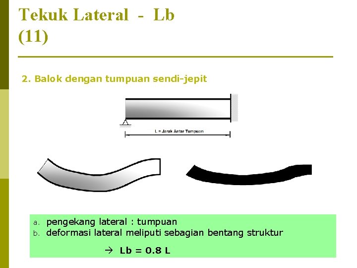 Tekuk Lateral - Lb (11) 2. Balok dengan tumpuan sendi-jepit a. b. pengekang lateral