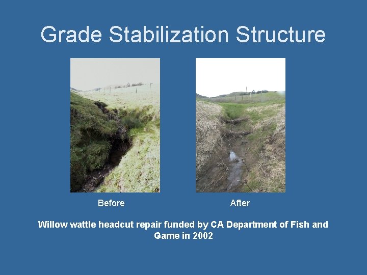 Grade Stabilization Structure Before After Willow wattle headcut repair funded by CA Department of