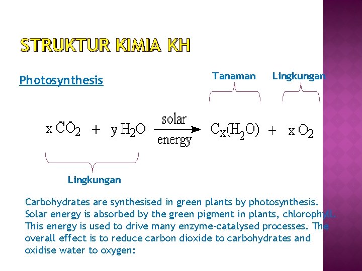 STRUKTUR KIMIA KH Photosynthesis Tanaman Lingkungan Carbohydrates are synthesised in green plants by photosynthesis.