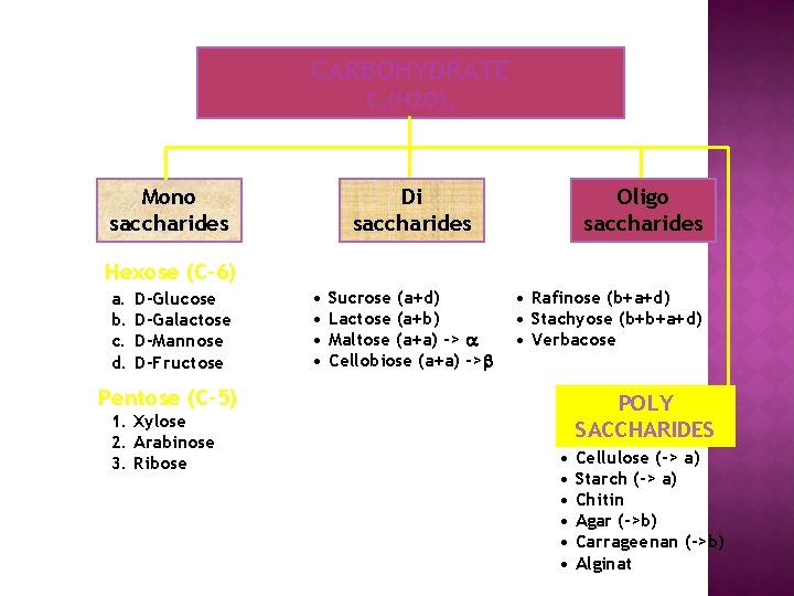 CARBOHYDRATE Cx(H 2 O)y Mono saccharides Di saccharides Oligo saccharides Hexose (C-6) a. b.