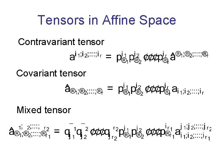 Tensors in Affine Space Contravariant tensor Covariant tensor Mixed tensor 