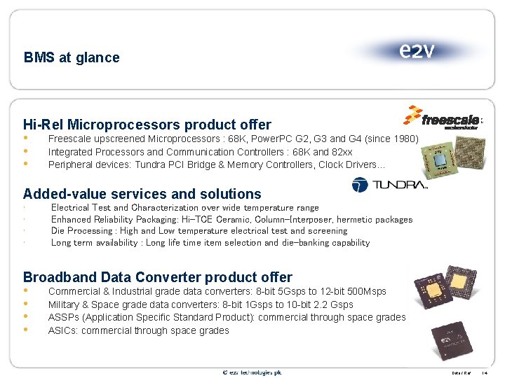 BMS at glance Hi-Rel Microprocessors product offer • • • T M Freescale upscreened