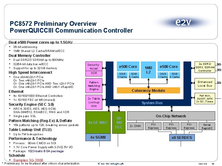 PC 8572 Preliminary Overview Power. QUICCIII Communication Controller Dual e 500 Power cores up