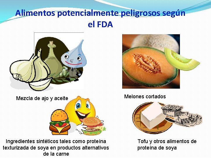 Alimentos potencialmente peligrosos según el FDA Mezcla de ajo y aceite Ingredientes sintéticos tales Alimentos potencialmente peligrosos según el FDA Mezcla de ajo y aceite Ingredientes sintéticos tales
