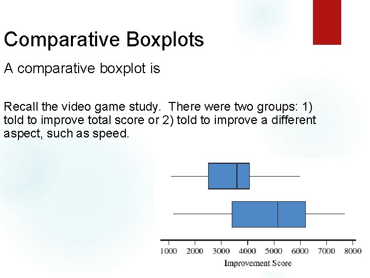 Comparative Boxplots A comparative boxplot is Recall the video game study. There were two