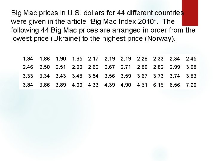 Big Mac prices in U. S. dollars for 44 different countries were given in