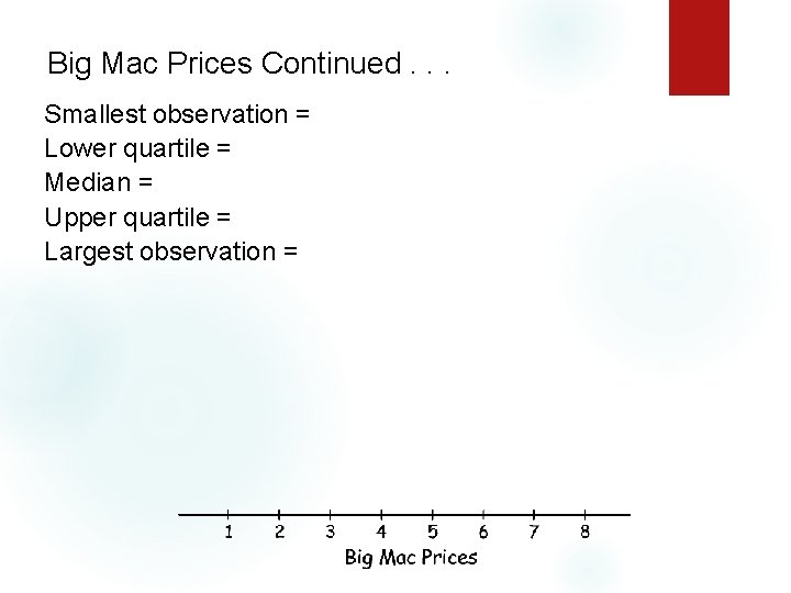 Big Mac Prices Continued. . . Smallest observation = Lower quartile = Median =