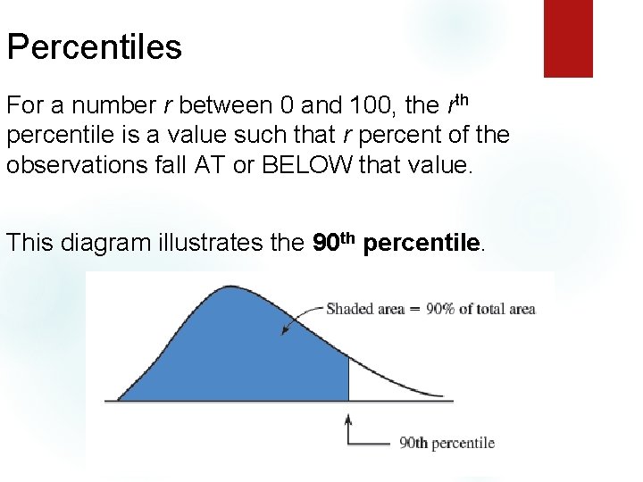 Percentiles For a number r between 0 and 100, the rth percentile is a