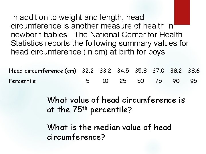 In addition to weight and length, head circumference is another measure of health in