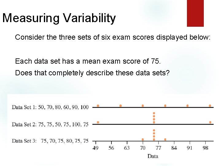 Measuring Variability Consider the three sets of six exam scores displayed below: Each data