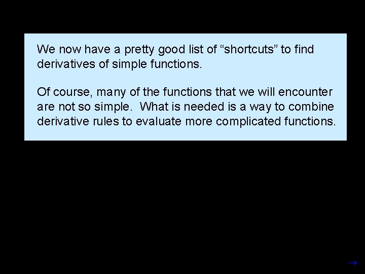 We now have a pretty good list of “shortcuts” to find derivatives of simple