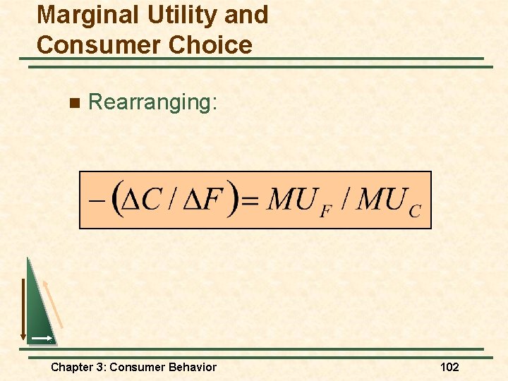 Marginal Utility and Consumer Choice n Rearranging: Chapter 3: Consumer Behavior 102 