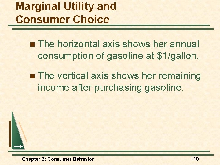 Marginal Utility and Consumer Choice n The horizontal axis shows her annual consumption of