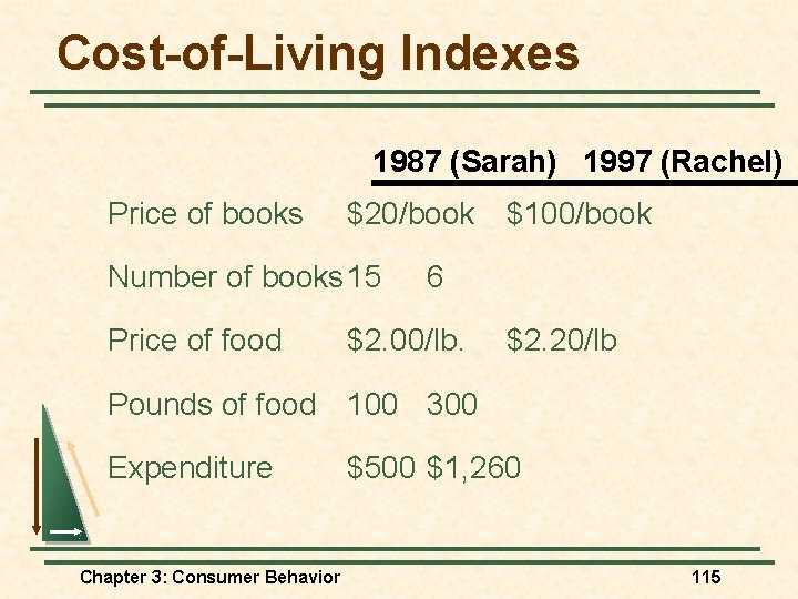 Cost-of-Living Indexes 1987 (Sarah) 1997 (Rachel) Price of books $20/book Number of books 15