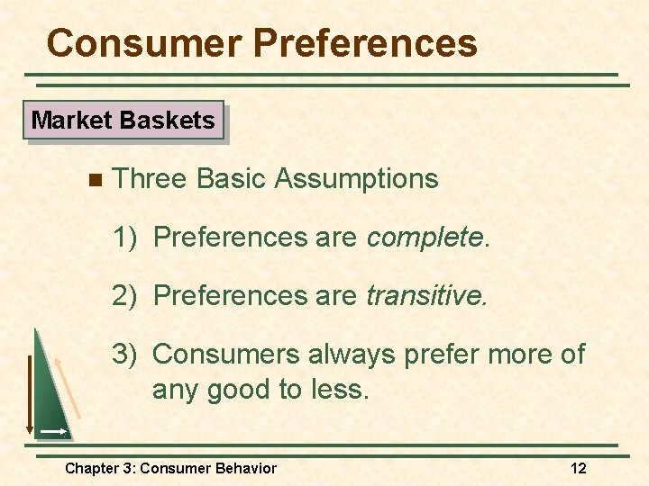 Consumer Preferences Market Baskets n Three Basic Assumptions 1) Preferences are complete. 2) Preferences