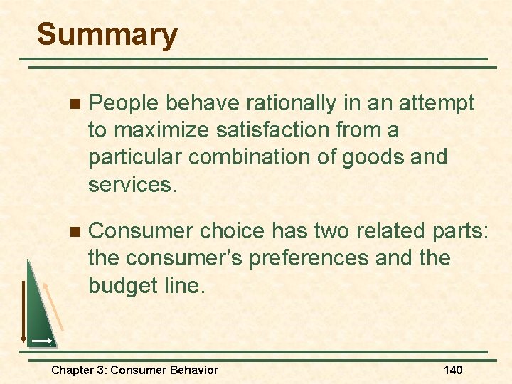 Summary n People behave rationally in an attempt to maximize satisfaction from a particular