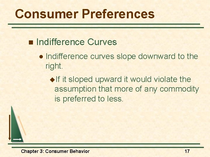 Consumer Preferences n Indifference Curves l Indifference curves slope downward to the right. u.