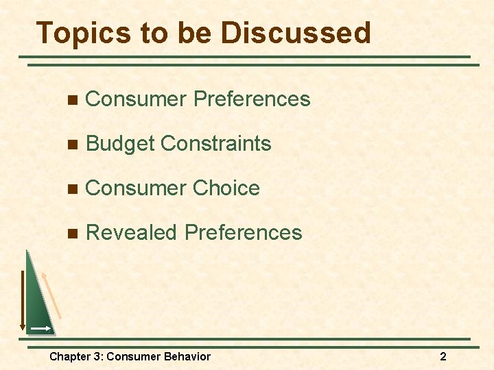 Topics to be Discussed n Consumer Preferences n Budget Constraints n Consumer Choice n