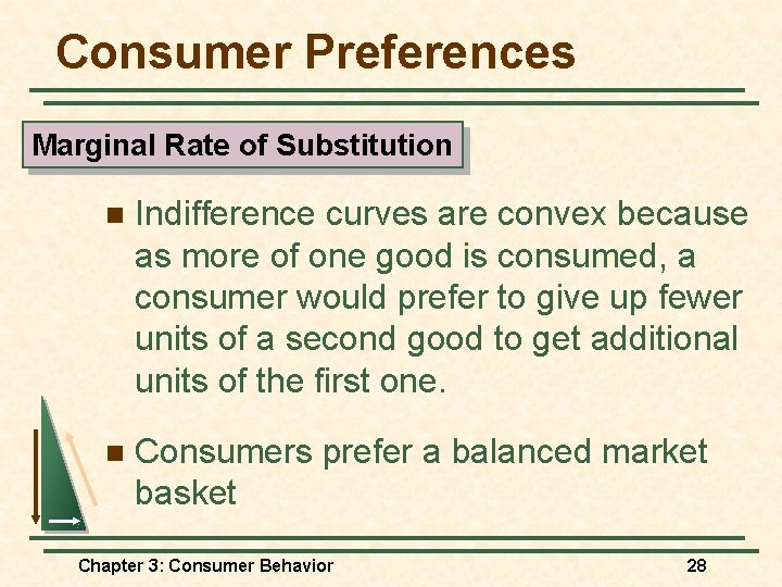 Consumer Preferences Marginal Rate of Substitution n Indifference curves are convex because as more